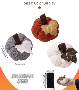 Detailed size view of knitted Thanksgiving pumpkins in orange, white and grey colors