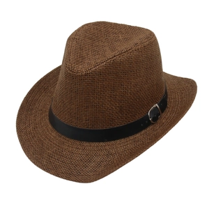 Men's breathable woven paper straw jazz fedora hat with decorative leather belt strap