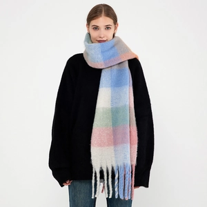 Winter checkered tassel scarf for women in soft cashmere style with multi-color plaid design