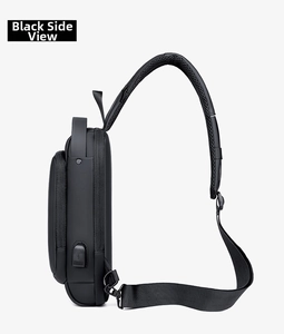 Side view of black outdoor chest bag showing USB charging port and breathable mesh strap