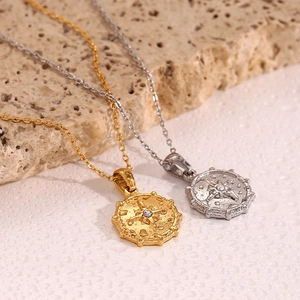 Gold and silver stainless steel compass star pendant necklaces with white zircon stone