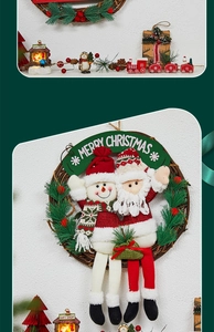 Detail of Christmas wreath with Santa, snowman and wooden train for festive wall decor