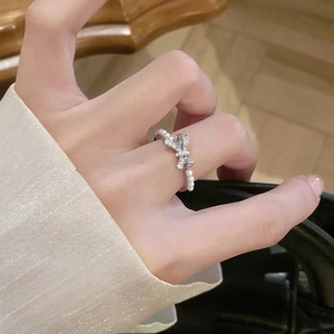 Elegant Bowknot Artificial Pearl Ring With Zircon Inlay Adjustable Silver Color Fashion Jewelry For Women