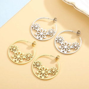 Chic hollow flower pattern hoop earrings in gold and silver finish stainless steel