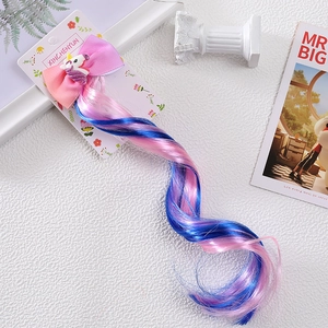 Unicorn glitter bow hair clip with pink and blue gradient curly hair extensions for girls