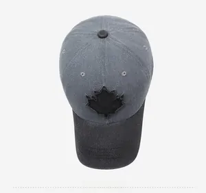 Top view of retro washed cotton baseball cap with maple leaf patch and distressed details