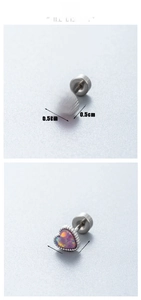 Detail view of 0.5cm heart-shaped opal stud earrings in pink and blue screw back design