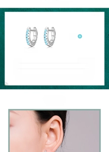 Detailed view of S925 silver hoop earrings with blue stones and 8.8mm size specs