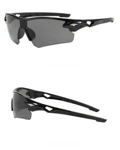 Detail of black cycling sunglasses showing aerodynamic air vents and silver wing logo