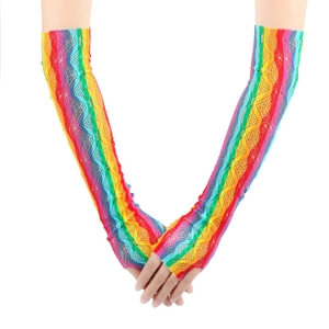 Rainbow striped mesh fishnet fingerless gloves for festive parties and events