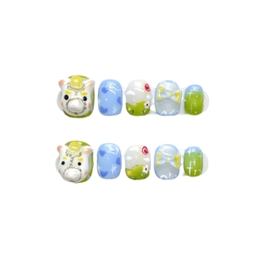 Handmade press-on nails with 3D cute animal design and pastel floral patterns