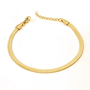 Close-up of a flat 18K gold-plated stainless steel snake chain with lobster clasp