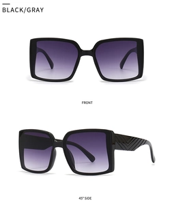 Detailed views of black oversized sunglasses showing front and 45-degree side angles