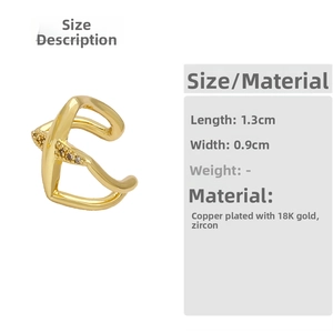 Detail view of 18K gold plated copper ear cuff with zircon insets, 1.3cm x 0.9cm size