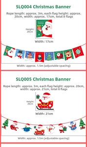 Detailed size chart for Merry Christmas banners featuring Santa and Reindeer designs