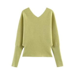 Light green V-neck knit sweater with batwing sleeves and ribbed cuffs on white background