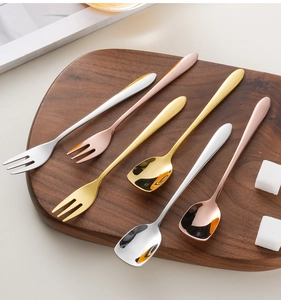Polished 304 stainless steel dessert fork and spoon set in silver, gold, and rose gold