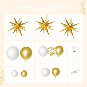 Detailed list of 125pcs white and gold balloon arch kit including exploding star foils