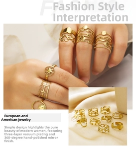 Detail of 18k gold plated stainless steel ring set with heart and star patterns