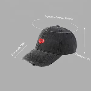 Distressed dark grey cotton baseball cap with red heart embroidery and size specs