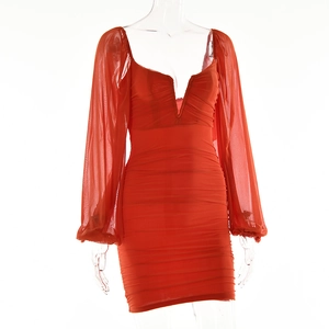 Detail of orange mesh lantern sleeve and Ruched V-neckline on the sexy party dress