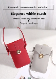 Detail showing red and grey pebbled leather phone bags with metal twist lock closures