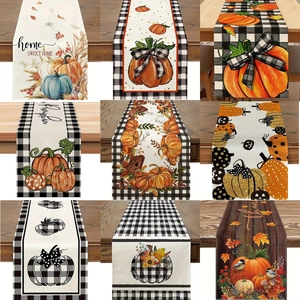 Table Runner Fall Pumpkin Maple Leaf Thanksgiving Harvest Holiday Party Home Kitchen Decor Linen Polyester Fabric