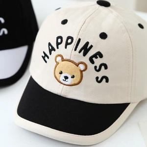 Kids baseball cap with bear embroidery and happiness text in beige and black