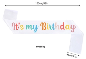Detailed size chart of white satin birthday sash with rainbow lettering dimensions