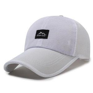 Breathable white mesh baseball cap featuring a black Mount Hood mountain patch on the front