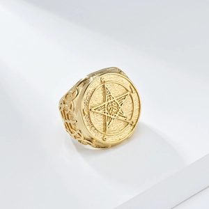 Retro gold stainless steel signet ring with pentagram star relief and intricate carving