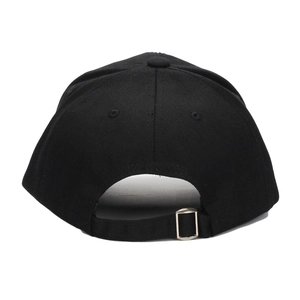 Rear view of black cotton baseball cap with adjustable metal buckle and six-panel design