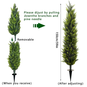 Detail of 150cm artificial cypress tree showing assembly steps and fluffy branch texture