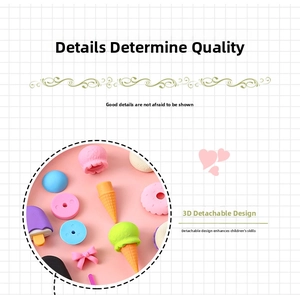 Detail view of 3D removable dessert-shaped erasers showing ice cream and donut textures