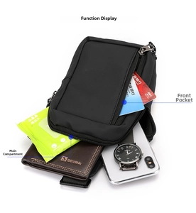 Detail showing internal capacity for phone, wallet and cards in black nylon crossbody bag