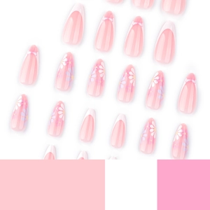 Unghie finte a mandorla rosa e bianche con fiocchi 3D e motivi di margherite colorate