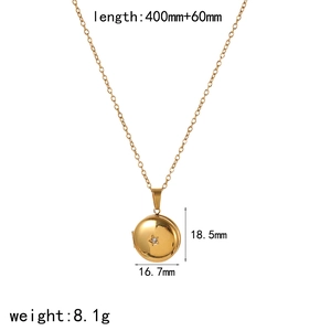 Detail view of round locket necklace showing 400mm chain length and star charm dimensions