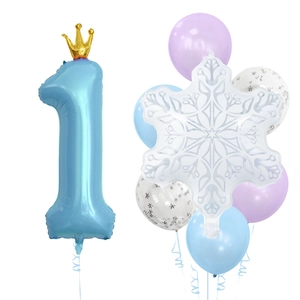 Winter wonderland birthday set with matte snowflake balloons and crown number one