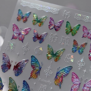 Butterfly Nail Art Stickers 3D Relief Iridescent Laser Self Adhesive PET Nail Decals Floral Lace Bows Decoration For Women DIY