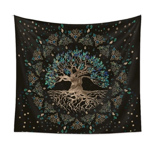 Detailed texture of Tree of Life tapestry with Celtic knots on black polyester fabric