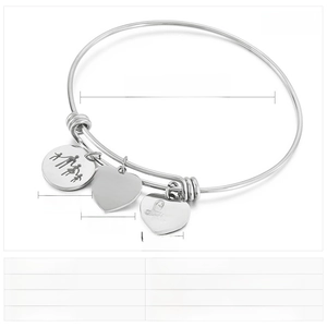 Detail of MOM heart charm and Love pendant on stainless steel adjustable bangle