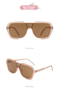Detailed front and 45-degree side views of brown wraparound oversized sports sunglasses