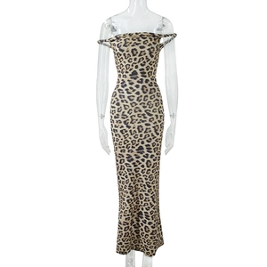 Close-up of leopard print pattern on a slim-fit off-shoulder maxi dress for women