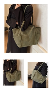 Dettaglio della borsa tote in velluto a coste verde scuro con tasche laterali