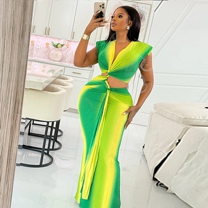 Ombre Yellow Green Polyester Spandex Sleeveless V Neck Twist Crop Top And High Waist Bodycon Maxi Skirt Women Clothing
