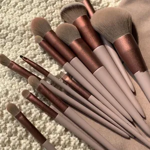 Set of 13 professional makeup brushes with soft fiber bristles and matte pink handles