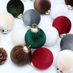 Velvet Christmas ball ornaments in mixed colors with ribbed texture and gold metal hanging loops