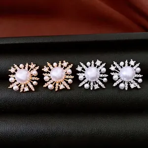Sunburst Flower Stud Earrings With Imitation Artificial Pearl Zircon Alloy 18K Gold Plated 925 Sterling Silver Earring Post Women