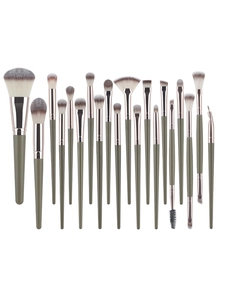 Detailed close-up of 20 pieces olive green makeup brushes with rose gold metal ferrules
