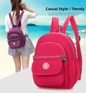 Detail view of nylon backpack with side pockets and headphone port for outdoor travel